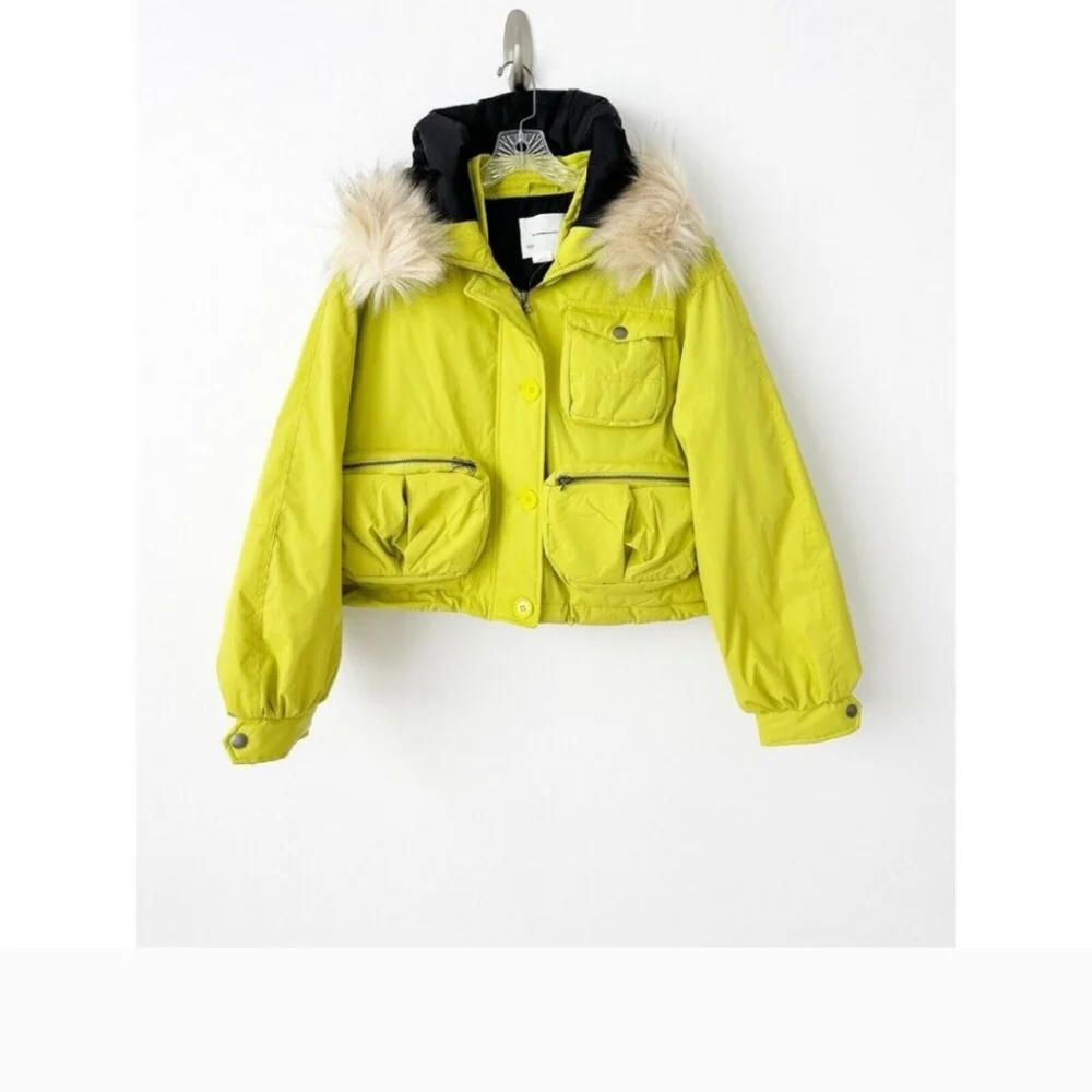 NWT Anthropologie Cropped Hooded Puffer Coat Lime Green Lined Coat Ski Winter